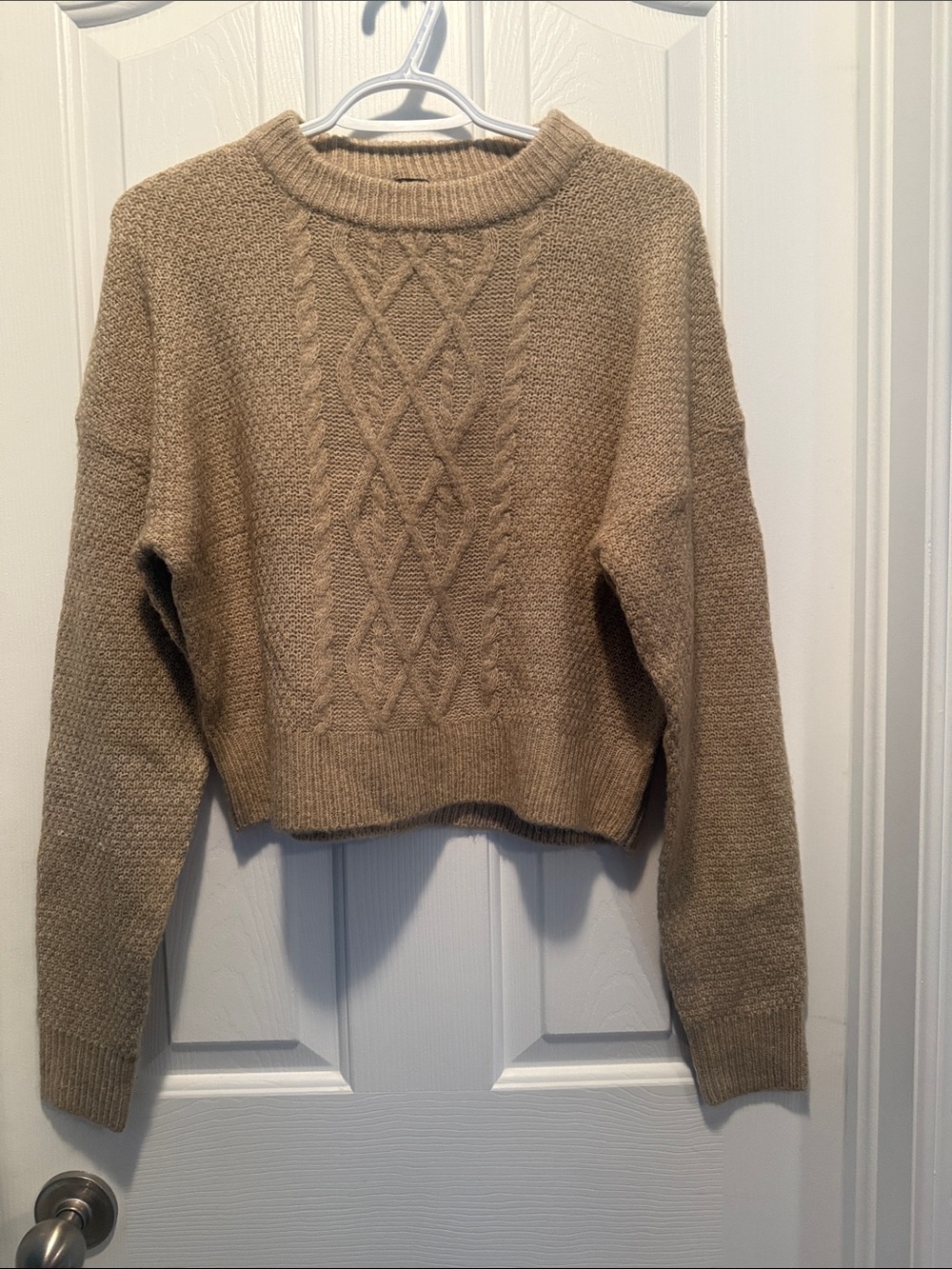 Women's Cropped Taupe Cable-Front Crewneck Sweater